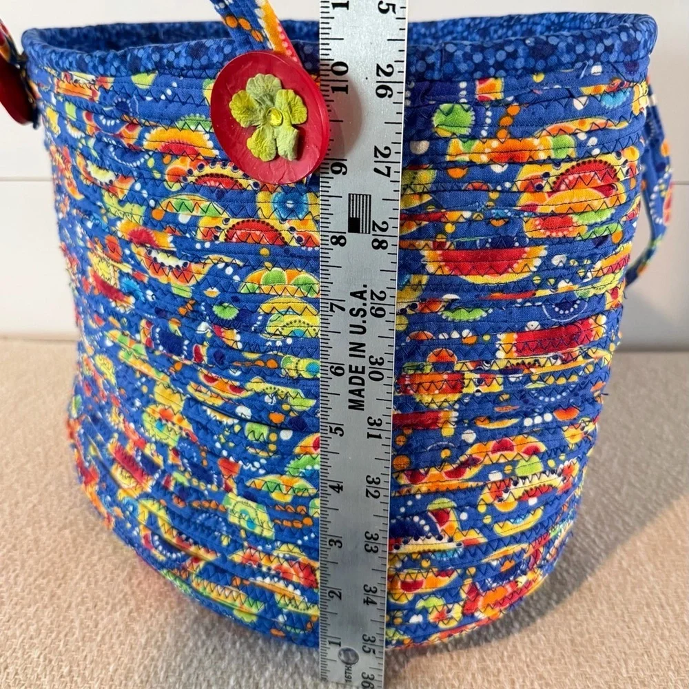 Handmade Coiled Rope Basket Tote Bag - Blue and Yellow Floral